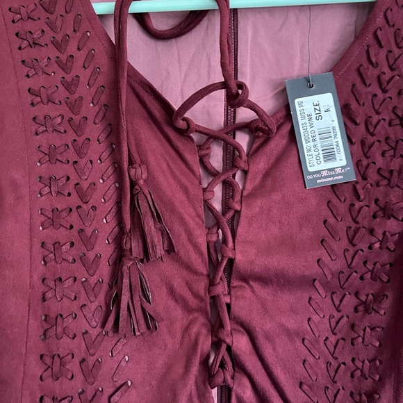 **consigned** MissMe Wine Colored Suede Mini Dress with Lace Up Chest Detail - Picture 4 of 12